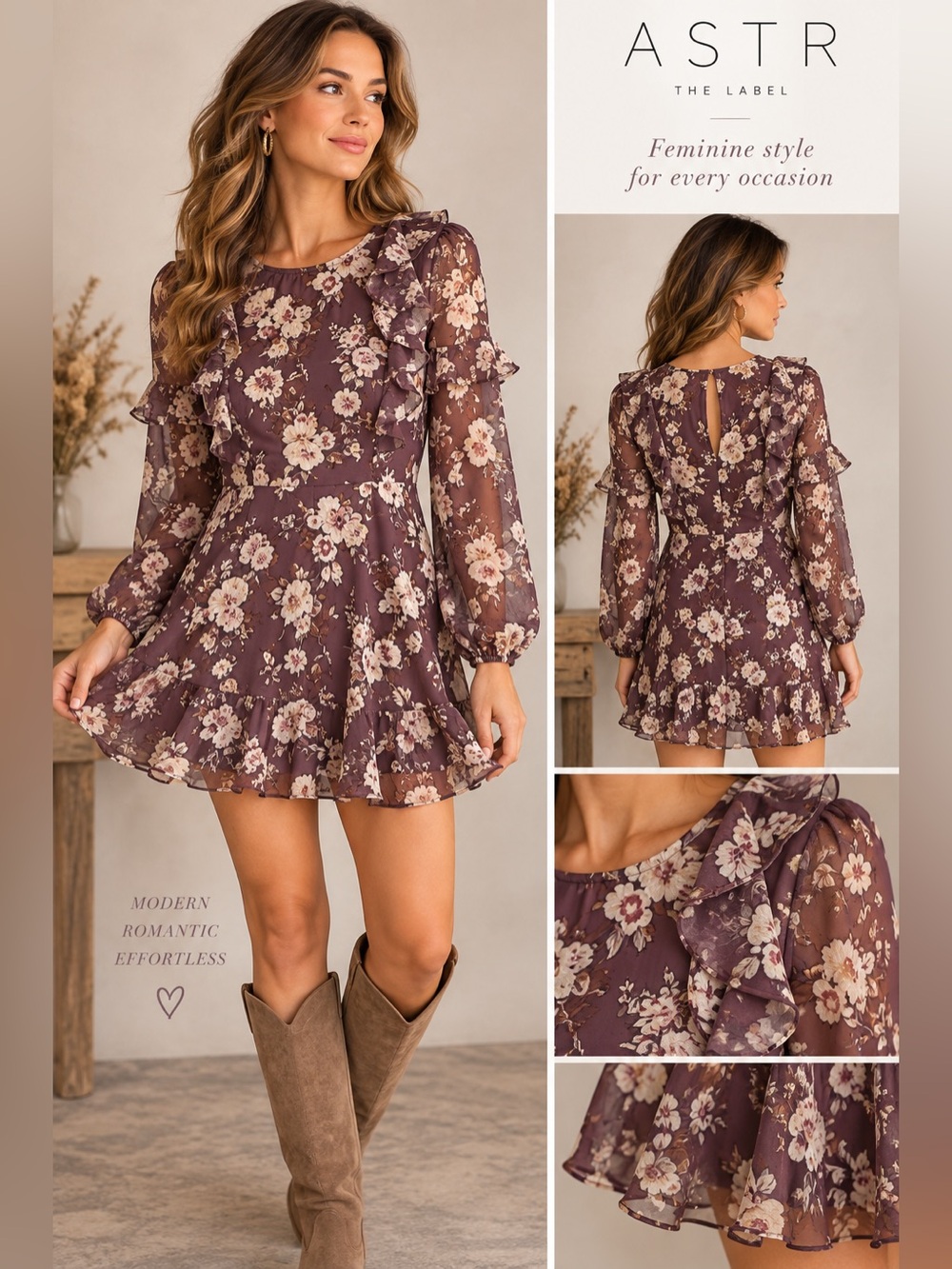 ASTR The Label Plum Floral Ruffle Mini Dress Size XS Long Sleeve